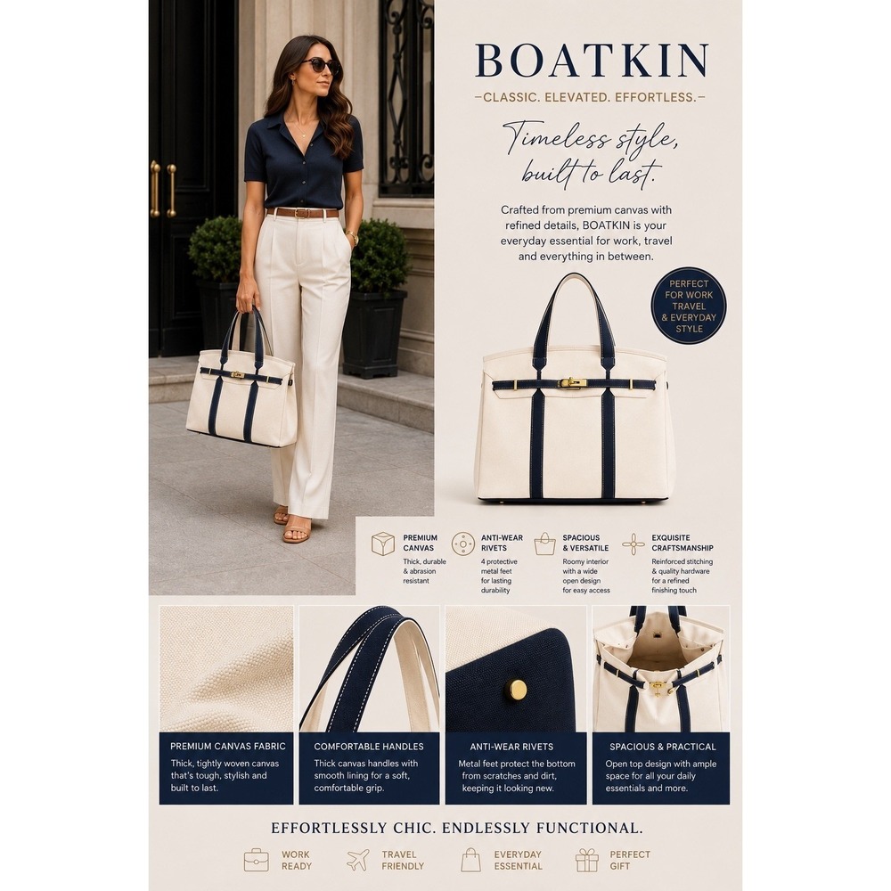 Boatkin Canvas Tote Bag Cream & Navy Large Structured Shopper Gold Hardware New
